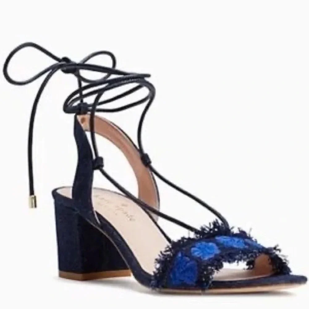 New Kate Spade Embroidered Denim Ankle Tie Block Heels Sandals Women’s Size 6